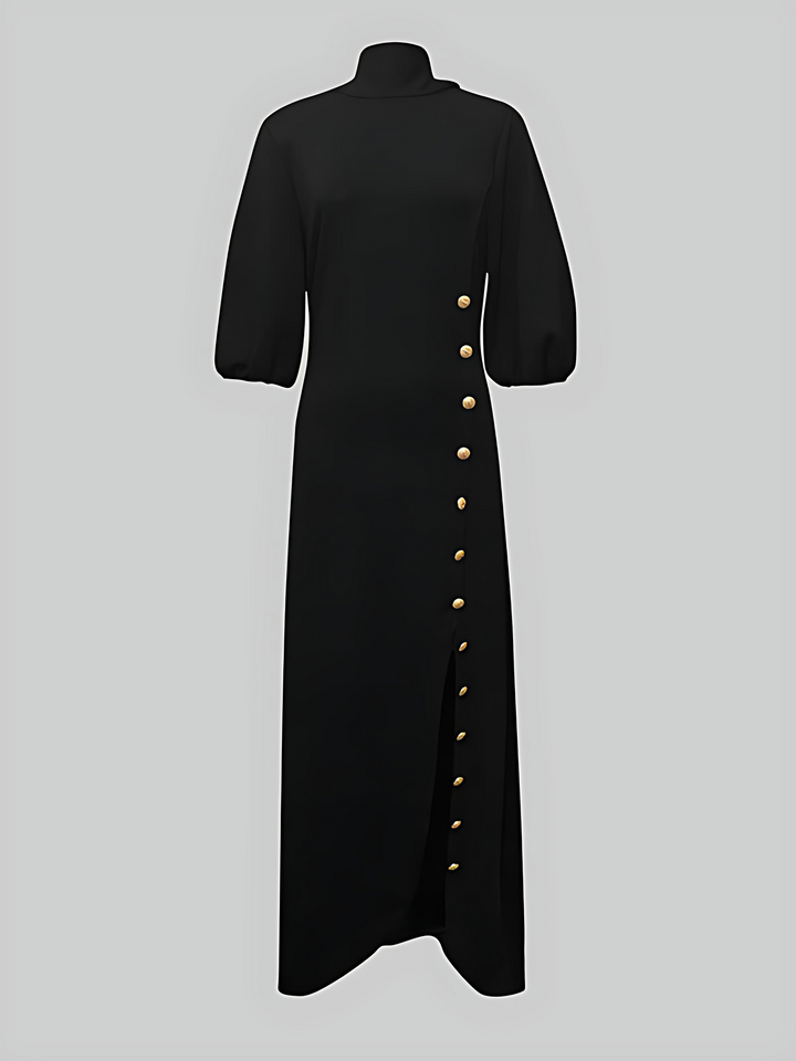 Loose Puff Sleeves Buttoned Split-side Mock Neck Maxi Dresses