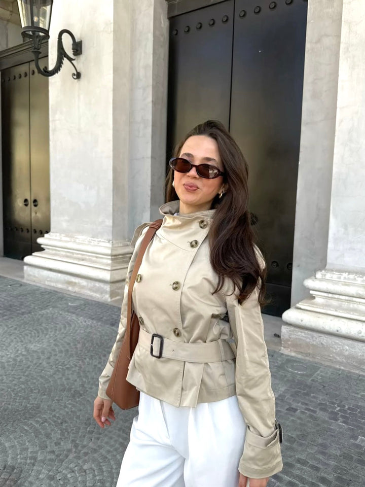 High-Neck Belted Trench Coat