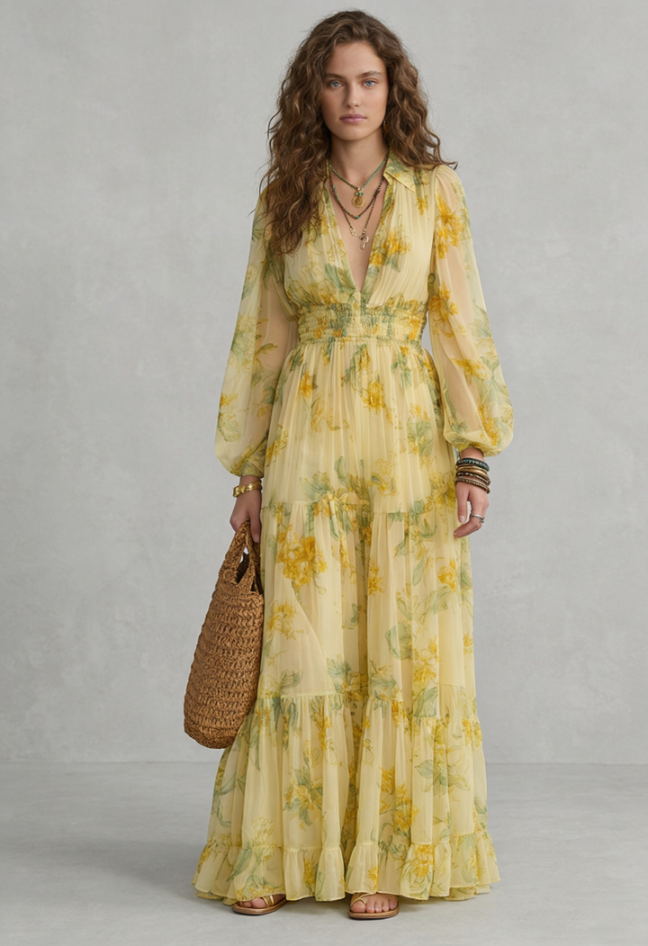 SOFIA | Yellow Boho Chiffon Maxi Dress