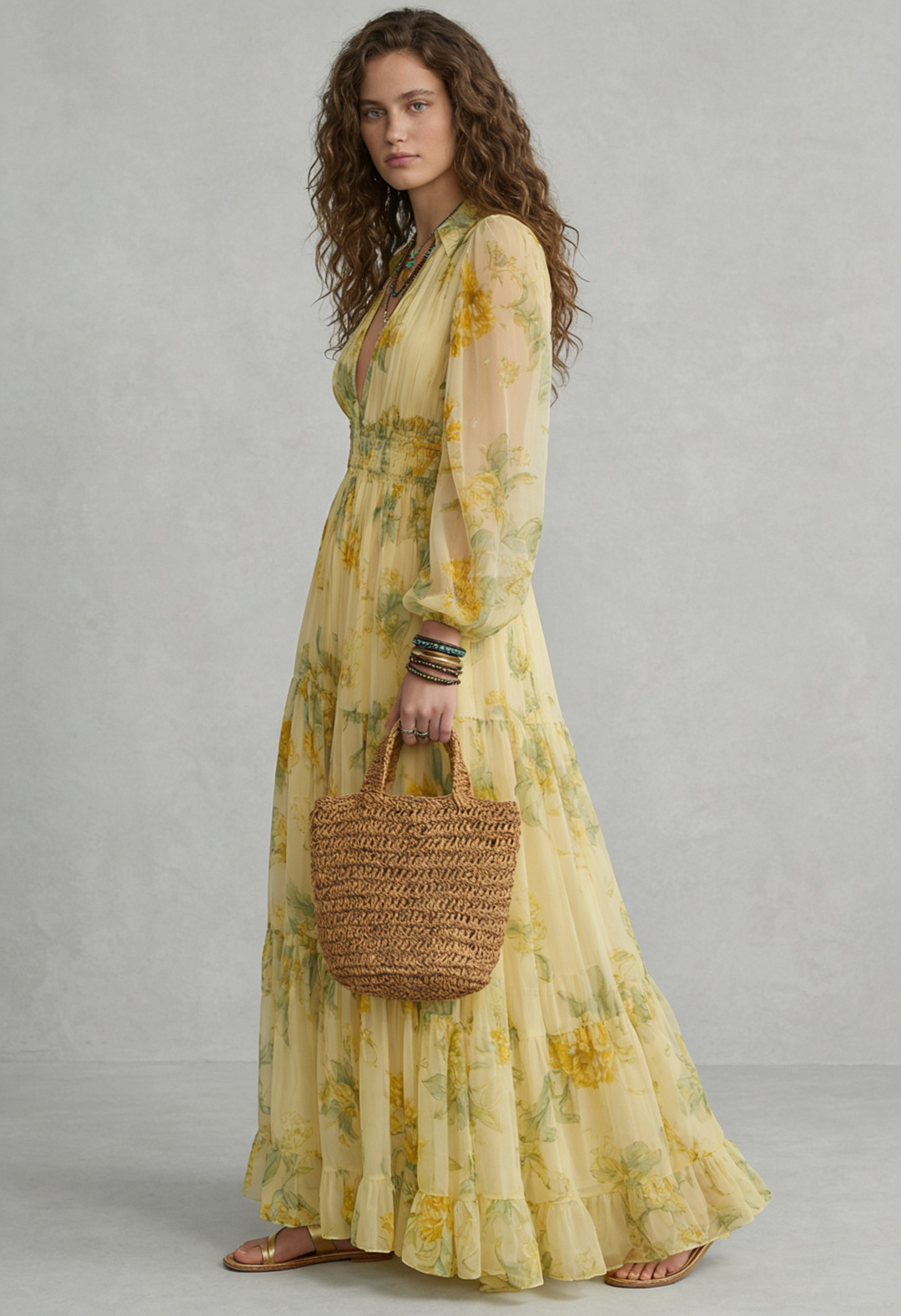 SOFIA | Yellow Boho Chiffon Maxi Dress