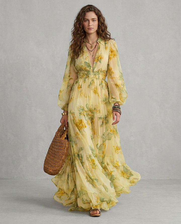 SOFIA | Yellow Boho Chiffon Maxi Dress
