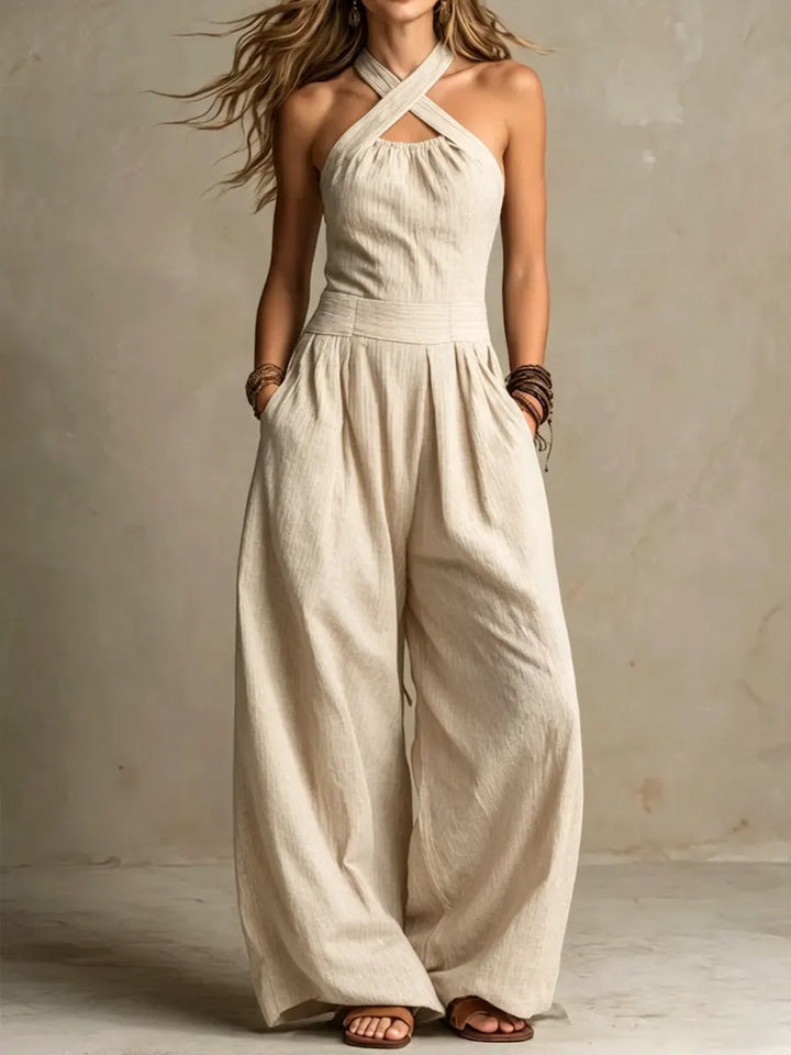 Bianca – Elegant Linen & Cotton Jumpsuit with Cross-Over Neckline
