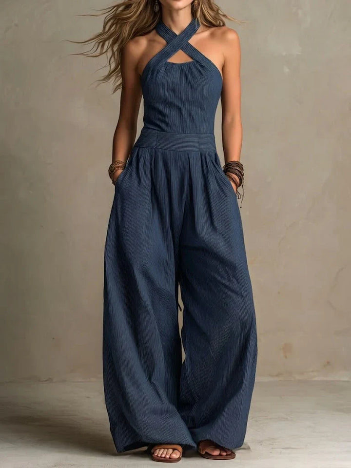Bianca – Elegant Linen & Cotton Jumpsuit with Cross-Over Neckline